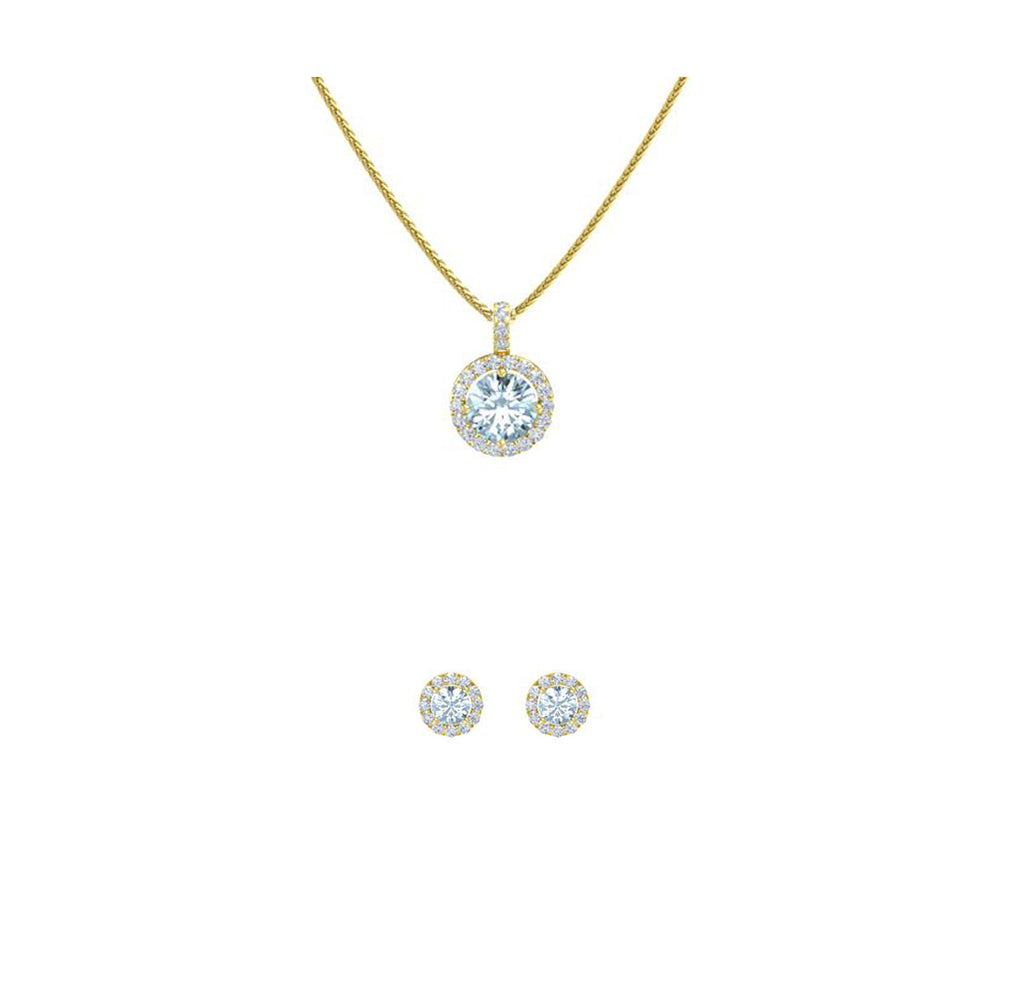 18K Yellow Gold 3ct Halo Aquamarine Round 18 Inch Necklace and Halo Earrings Set Plated