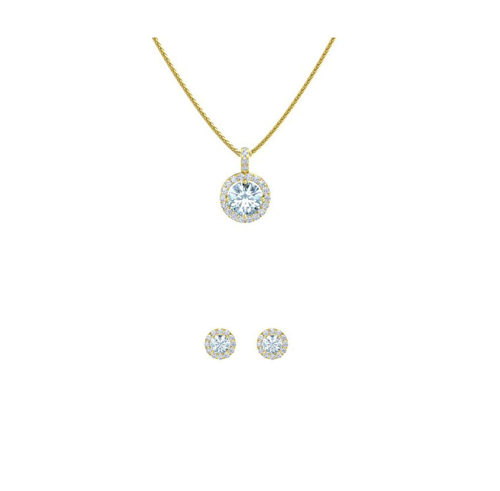 18K Yellow Gold 1ct  Halo Aquamarine Round 18 Inch Necklace and Halo Earrings Set Plated
