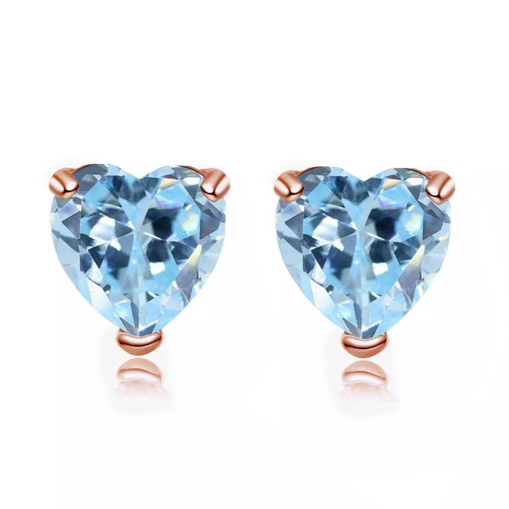 14k Rose Gold Plated 3 Carat Heart Created Aquamarine Sapphire Stud Earrings