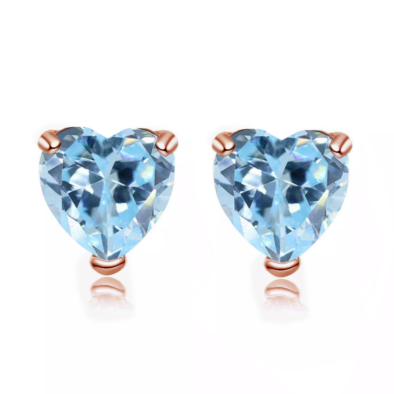 24k Rose Gold Plated 4 Carat Heart Created Aquamarine Sapphire Stud Earrings