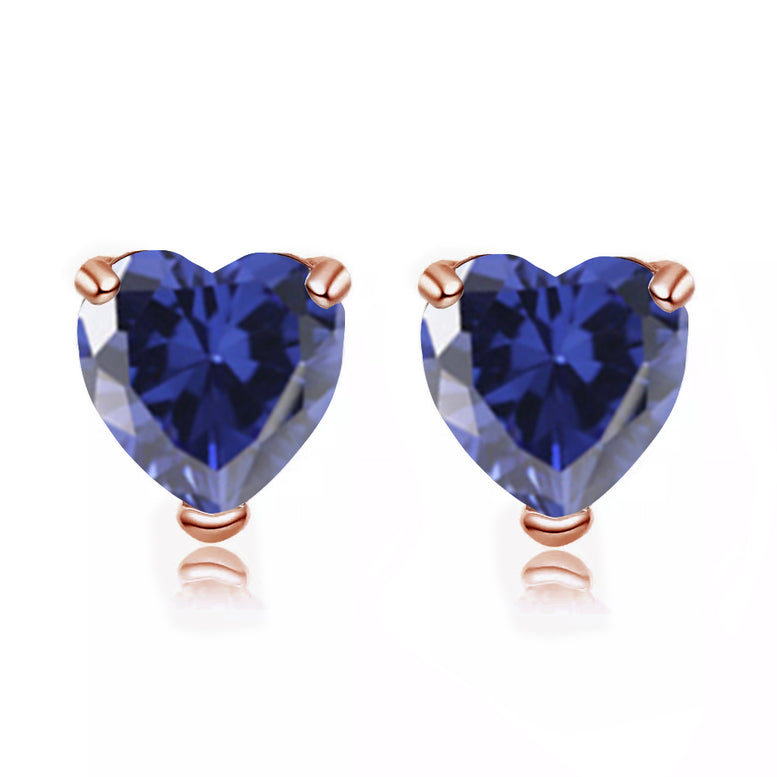 14k Rose Gold Plated 1 Carat Heart Created Blue Sapphire Stud Earrings