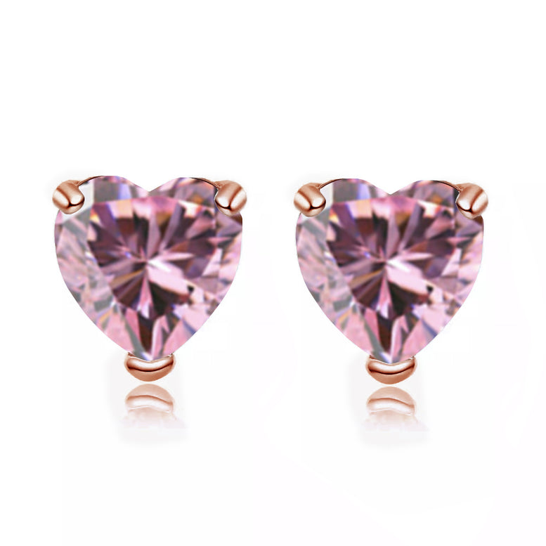 24k Rose Gold Plated 2 Carat Heart Created Pink Sapphire Stud Earrings