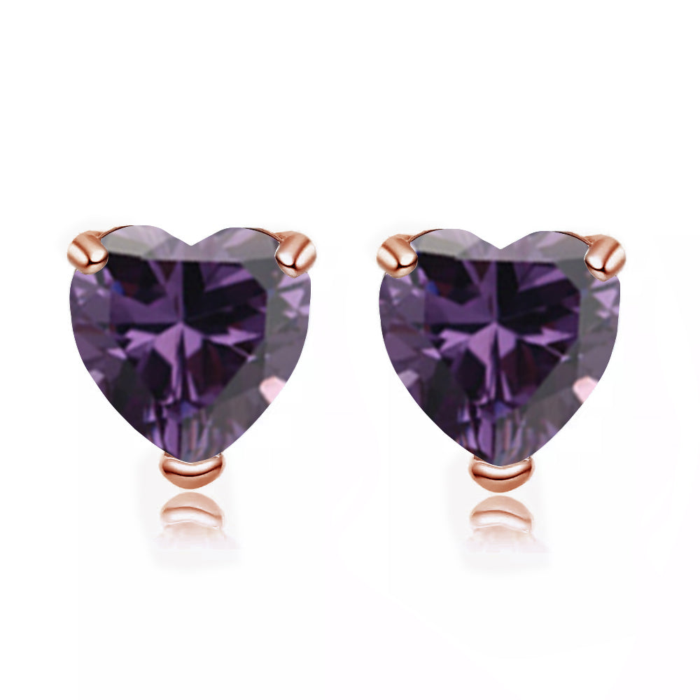 14k Rose Gold Plated 4 Carat Heart Created Amethyst Sapphire Stud Earrings