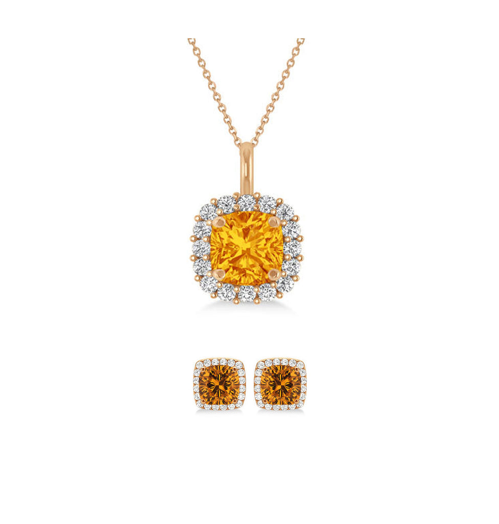 18K Rose Gold 2ct Halo Citrine Square 18 Inch Necklace and Halo Earrings Set Plated
