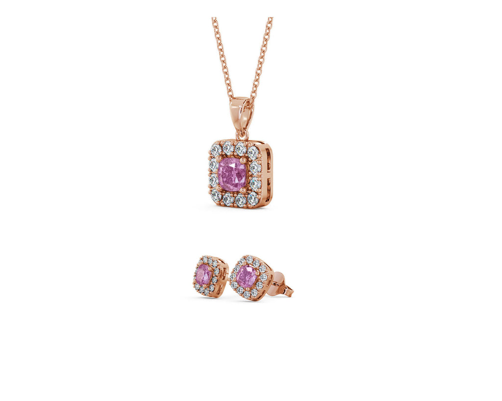 18K Rose Gold 2ct Halo Pink sapphire Square 18 Inch Necklace and Halo Earrings Set Plated