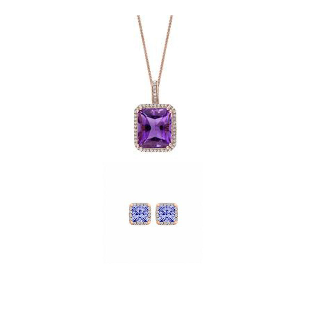 18K Rose Gold 3ct Halo Tanzanite Square 18 Inch Necklace and Halo Earrings Set Plated