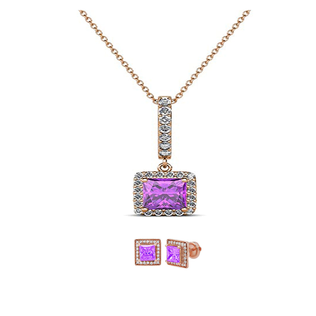18K Rose Gold 2ct Halo Amethyst Square 18 Inch Necklace and Halo Earrings Set Plated