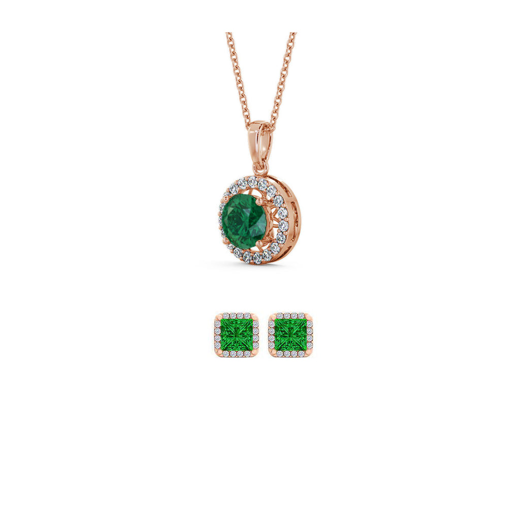 18K Rose Gold 3ct Halo Emerald Round 18 Inch Necklace and Halo Square Earrings Set Plated