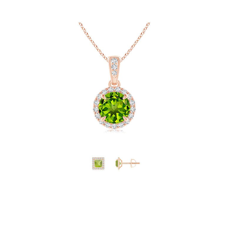 18K Rose Gold 1ct Halo Peridot Round 18 Inch Necklace and Halo Square Earrings Set Plated