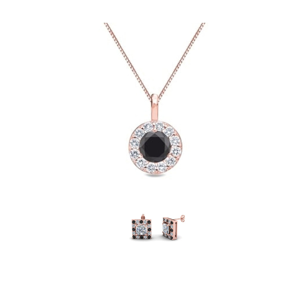 18K Rose Gold 3ct Halo Black Sapphire Round 18 Inch Necklace and Halo Square Earrings Set Plated
