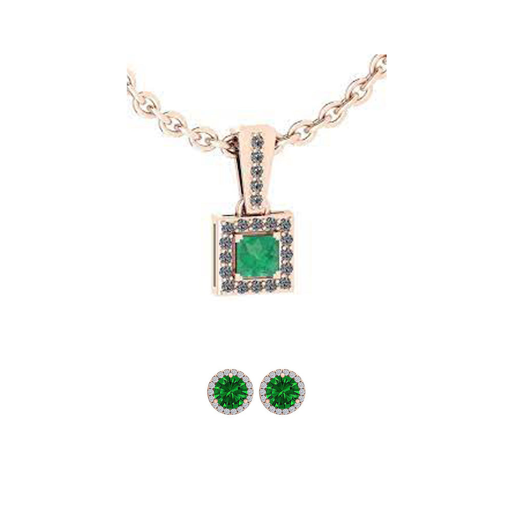 18K Rose Gold 3ct Halo Emerald Square 18 Inch Necklace and Halo Round Earrings Set Plated