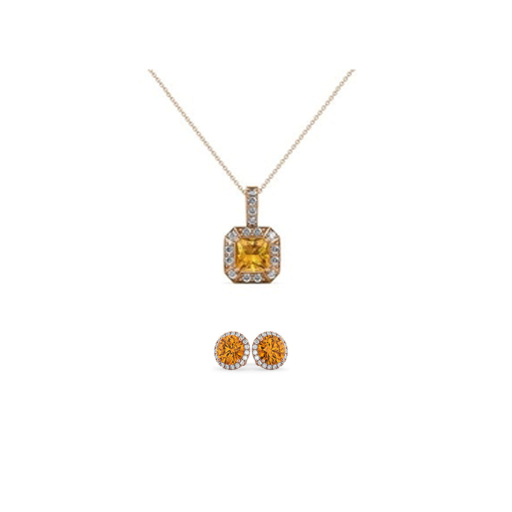 18K Rose Gold 4ct Halo Citrine Square 18 Inch Necklace and Halo Round Earrings Set Plated