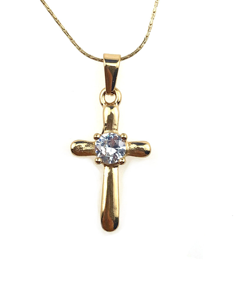 24K Yellow Gold 1 ct Created Diamond Cross Stud Necklace Plated 18 inch
