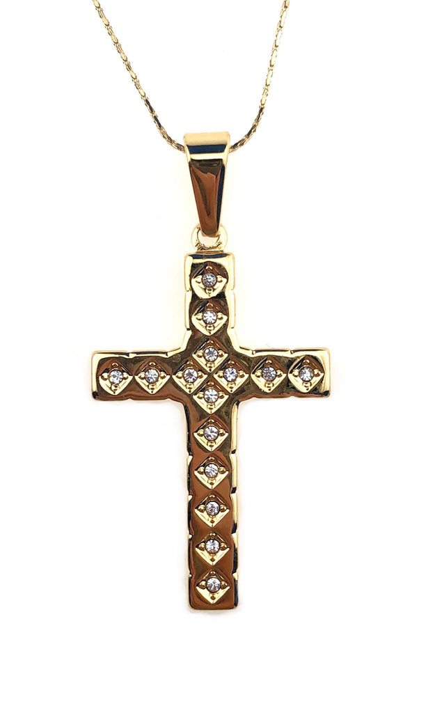 24K Yellow Gold 4 ct Created Diamond Cross Stud Necklace Plated 18 inch