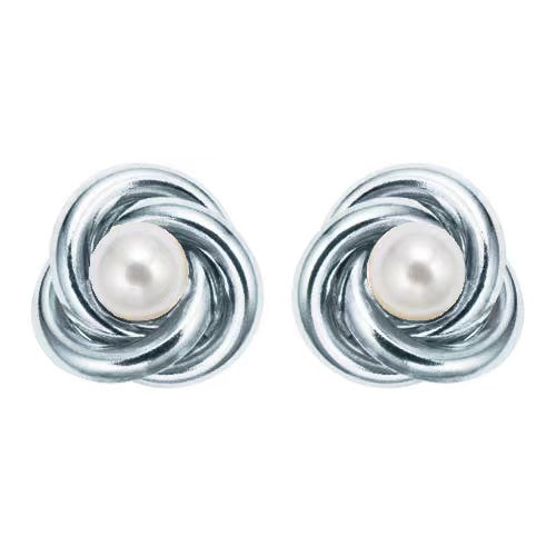 18K White Gold Plated White Freshwater Pearl Round 2 CT Stud Earrings