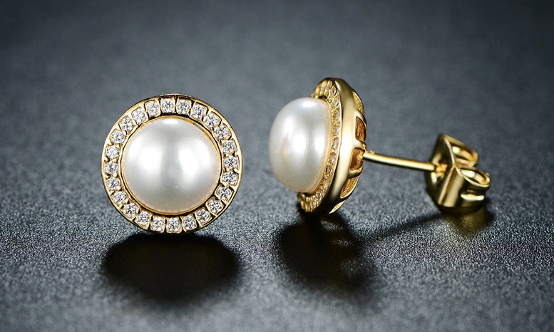 18K Yellow Gold Plated White Freshwater Pearl Halo Round 1 CT Stud Earrings