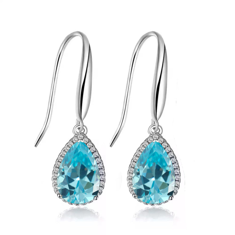 14k White Gold Plated 4 Ct Created Aquamarine Teardrop Earrings