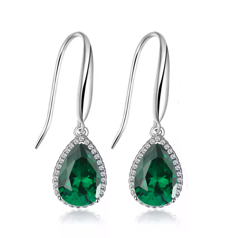 14k White Gold Plated 4 Ct Created Emerald Teardrop Earrings