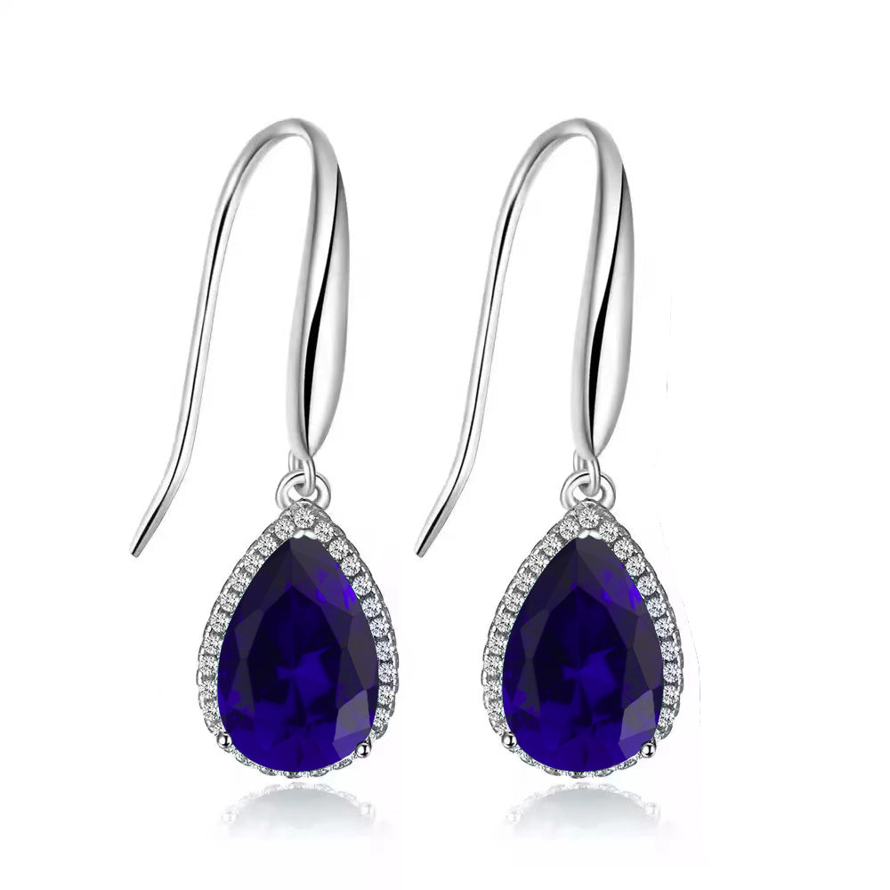 14k White Gold Plated 3 Ct Created Blue Sapphire Teardrop Earrings