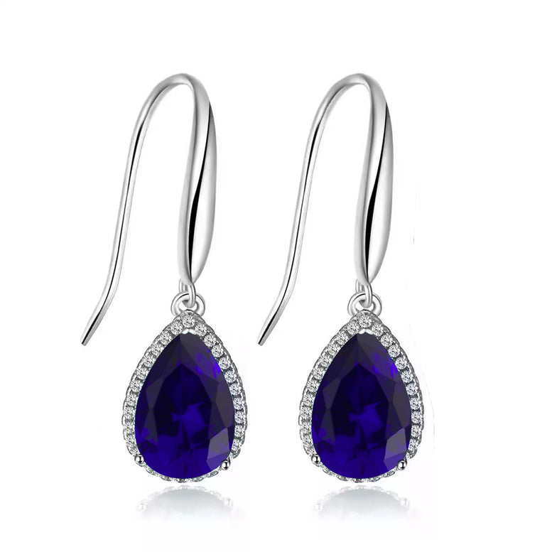 14k White Gold Plated 3 Ct Created Blue Sapphire Teardrop Earrings