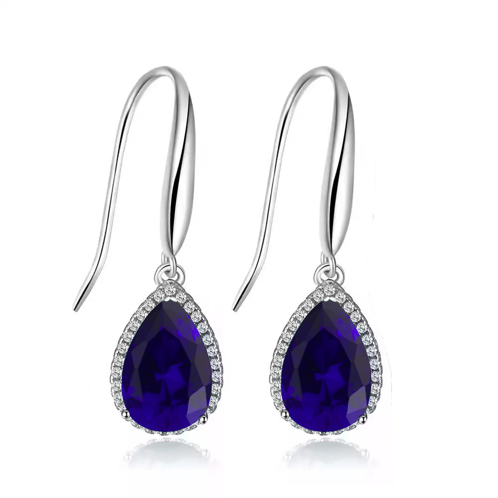 14k White Gold Plated 1/2 Ct Created Blue Sapphire Teardrop Earrings