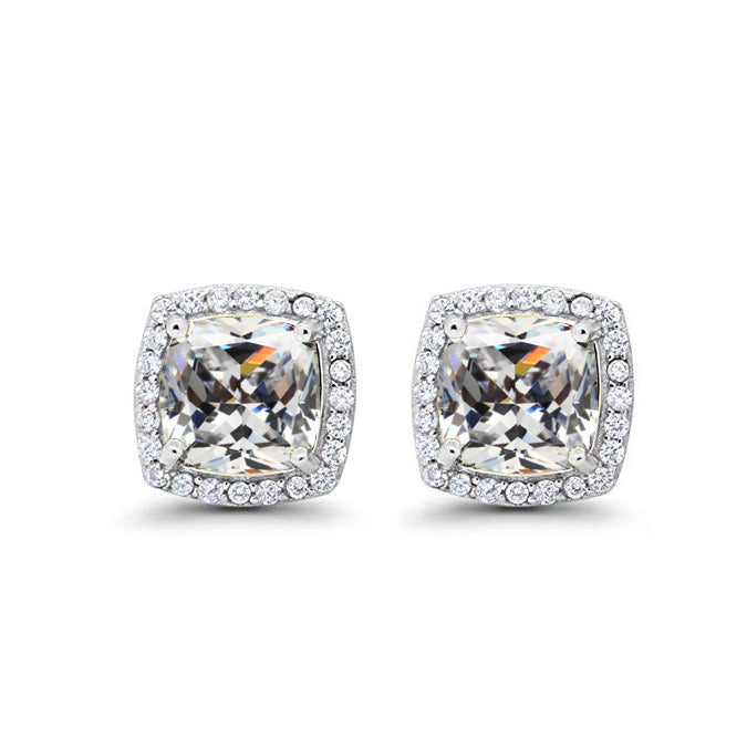 14k White Gold Plated 4 Ct Created Halo Princess Cut White Sapphire Stud Earrings