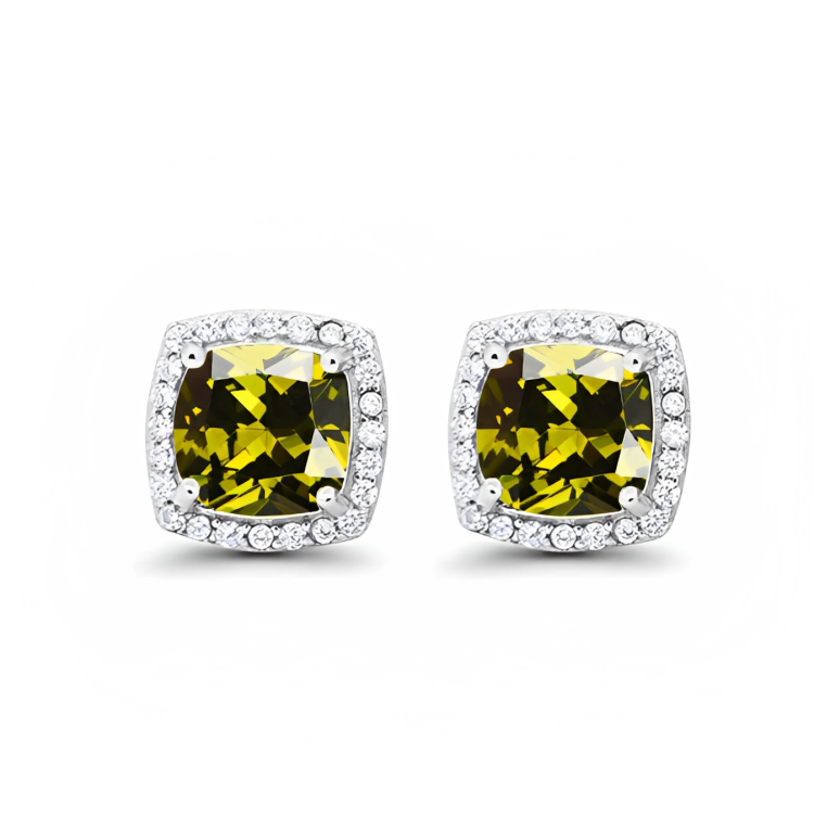 24k White Gold Plated 4 Ct Created Halo Princess Cut Peridot Stud Earrings