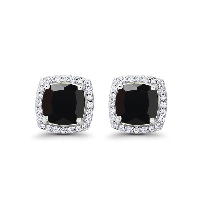 14k White Gold Plated 3 Ct Created Halo Princess Cut Black Sapphire Stud Earrings