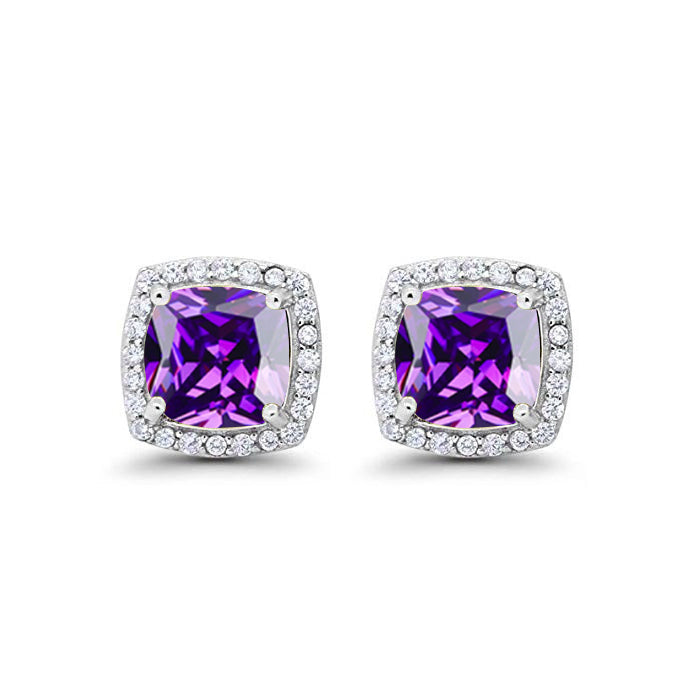 10k White Gold Plated 3 Ct Created Halo Princess Cut Amethyst Stud Earrings