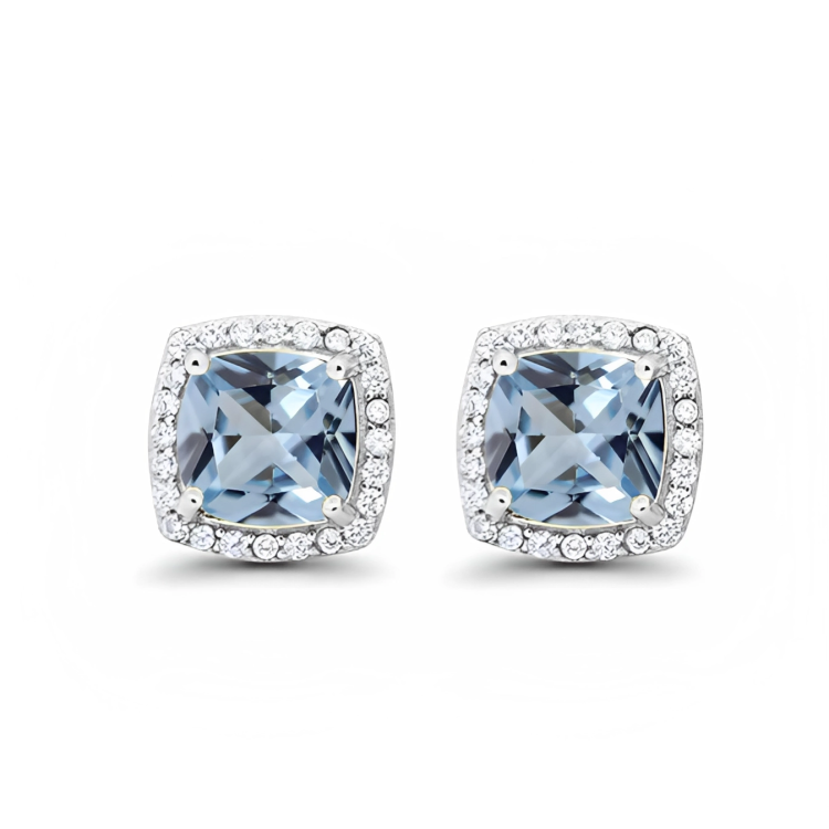 18k White Gold Plated 1/4 Ct Created Halo Princess Cut Aquamarine Stud Earrings 4mm