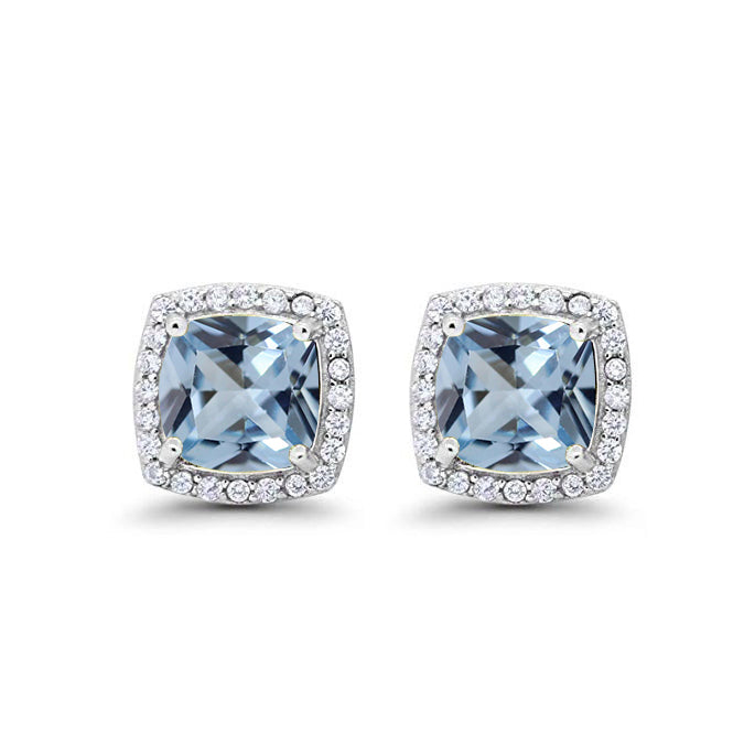 14k White Gold Plated 1 Ct Created Halo Princess Cut Aquamarine Stud Earrings