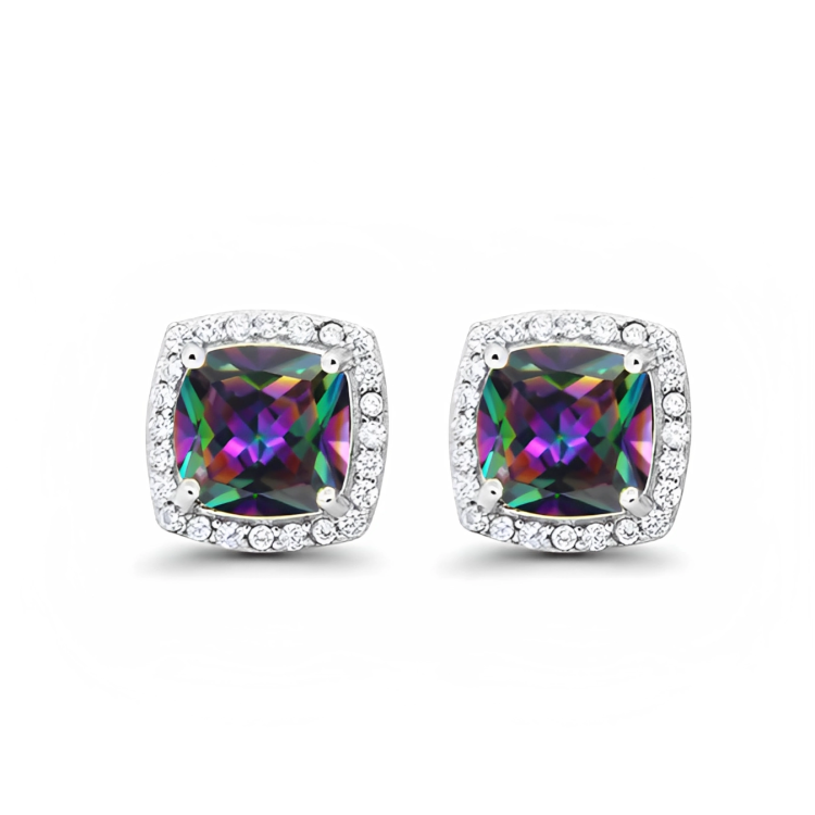 24k White Gold Plated 4 Ct Created Halo Princess Cut Mystic Topaz Stud Earrings