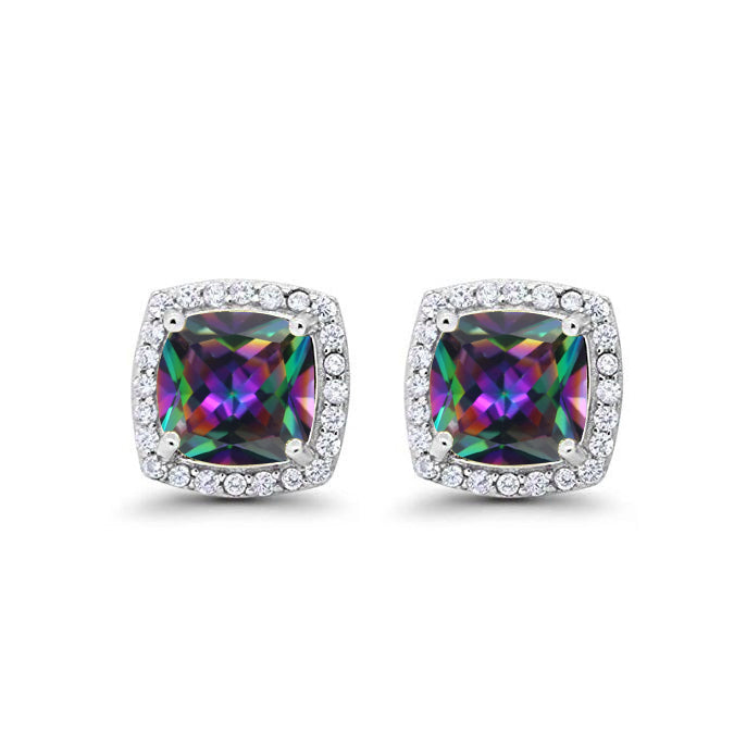 14k White Gold Plated 2 Ct Created Halo Princess Cut Mystic Topaz Stud Earrings