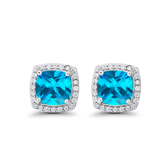 18k White Gold Plated 1 Ct Created Halo Princess Cut Blue Topaz Stud Earrings