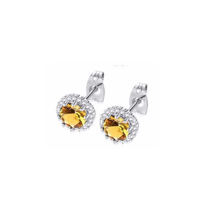 14k White Gold Plated 4 Ct Created Halo Round Citrine Stud Earrings