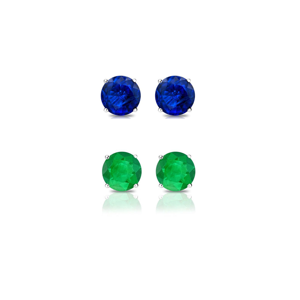 14k White Gold Plated 2Ct Created Blue Sapphire and Emerald 2 Pair Round Stud Earrings
