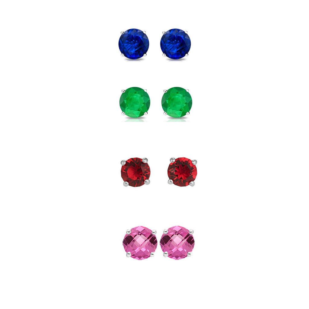 24k White Gold Plated 1Ct Created Blue Sapphire, Emerald, Ruby and Pink Sapphire 4 Pair Round Stud Earrings