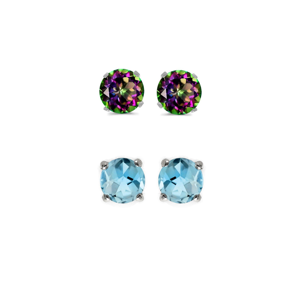 24k White Gold Plated 4Ct Created Mystic Topaz and  Blue Topaz 2 Pair Round Stud Earrings
