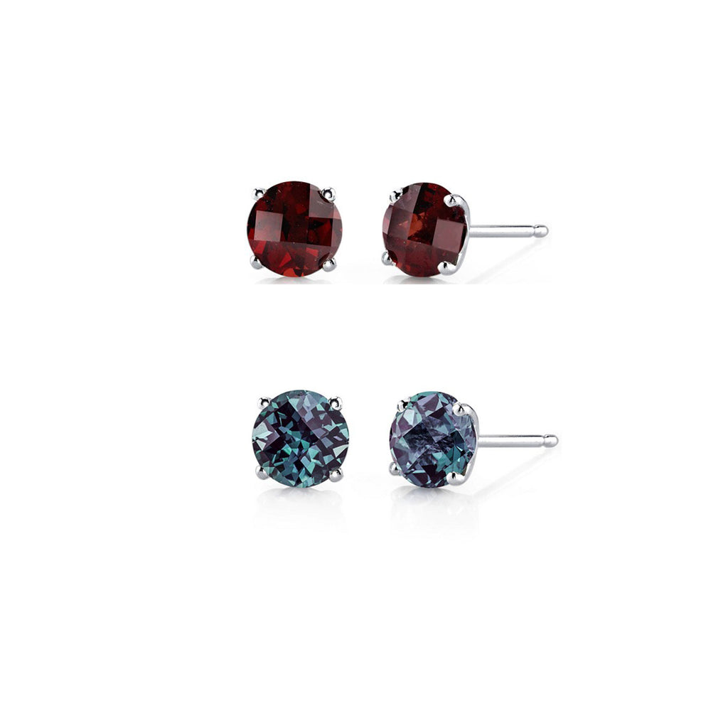 24k White Gold Plated 2Ct Created Garnet and Alexandrite 2 Pair Round Stud Earrings