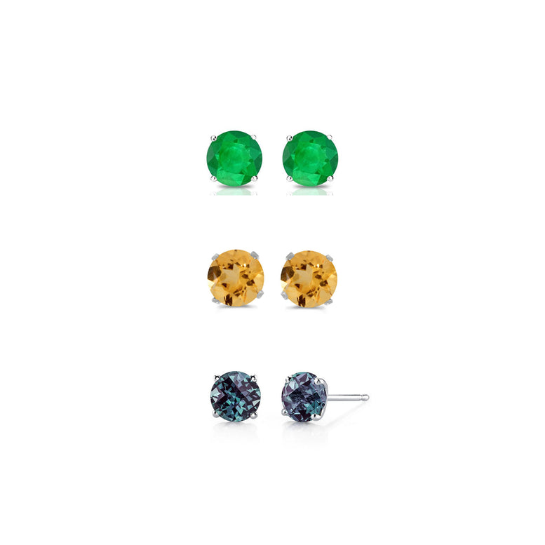 14k White Gold Plated 3Ct Created Emerald, Citrine and Alexandrite 3 Pair Round Stud Earrings