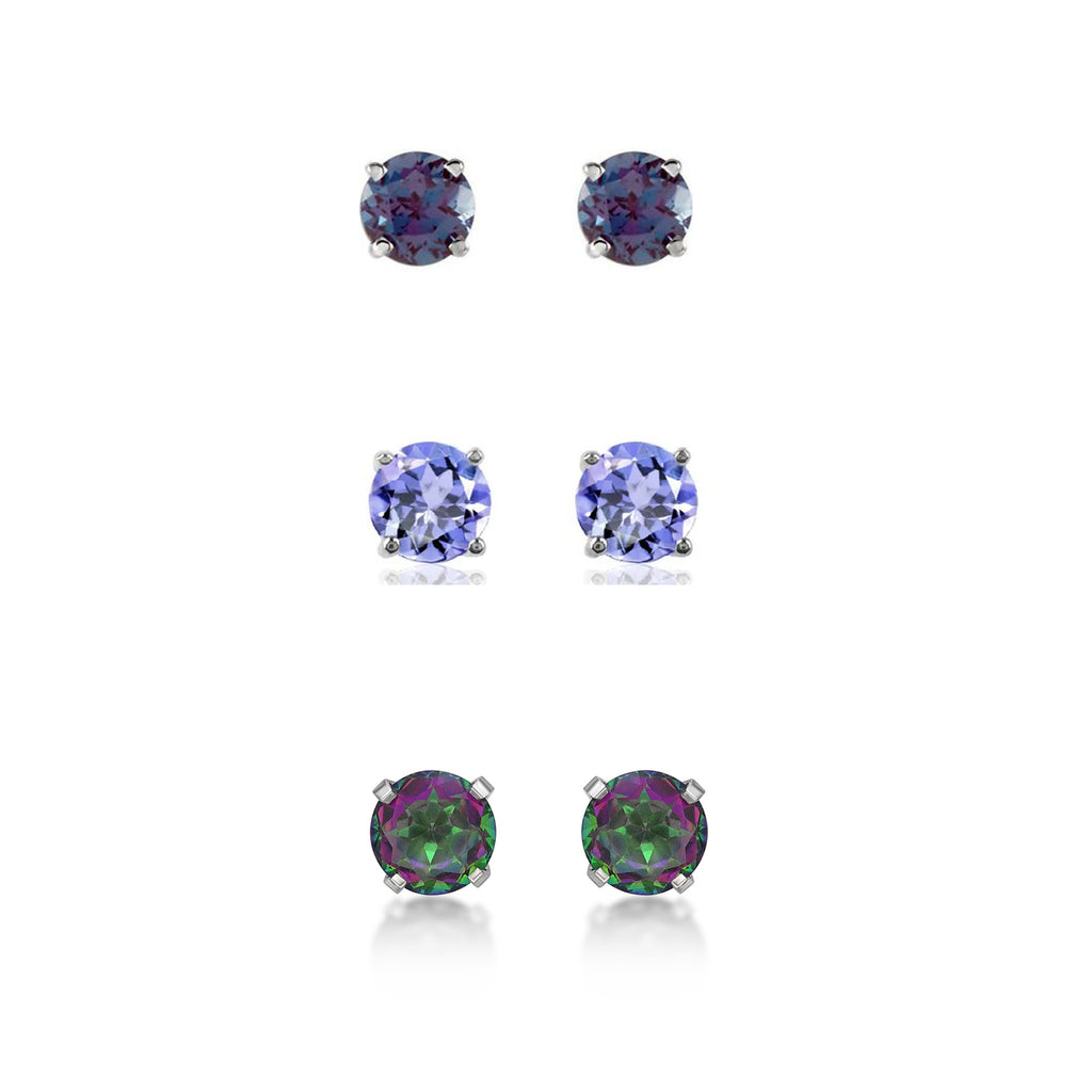 18k White Gold Plated 1/2Ct Created Alexandrite, Tanzanite and Mystic Topaz 3 Pair Round Stud Earrings