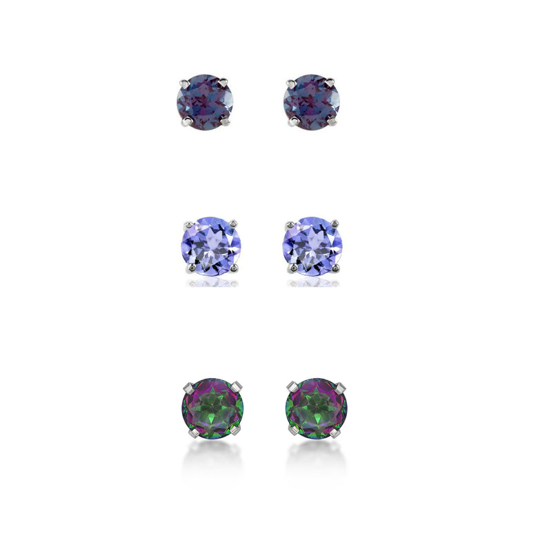 24k White Gold Plated 4Ct Created Alexandrite, Tanzanite and Mystic Topaz 3 Pair Round Stud Earrings