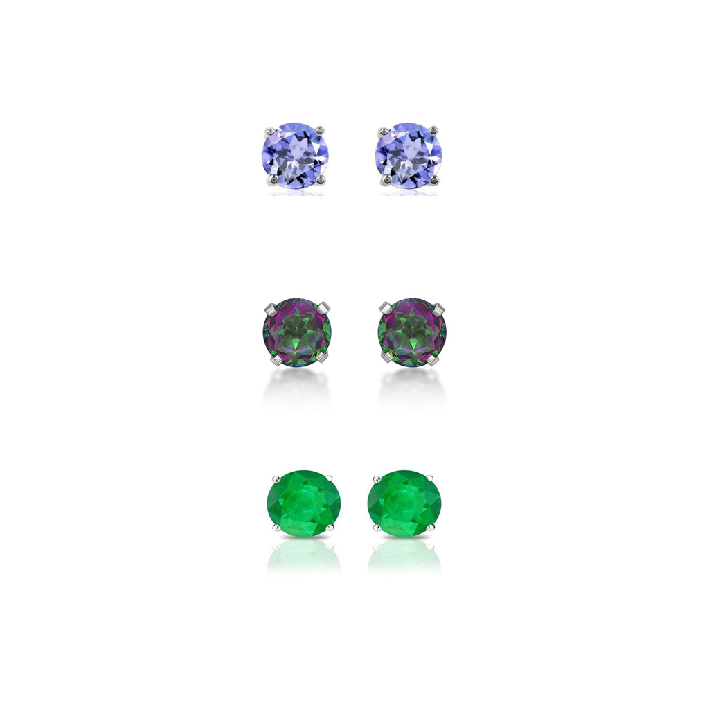 18k White Gold Plated 1Ct Created Tanzanite, Mystic Topaz and Emerald 3 Pair Round Stud Earrings