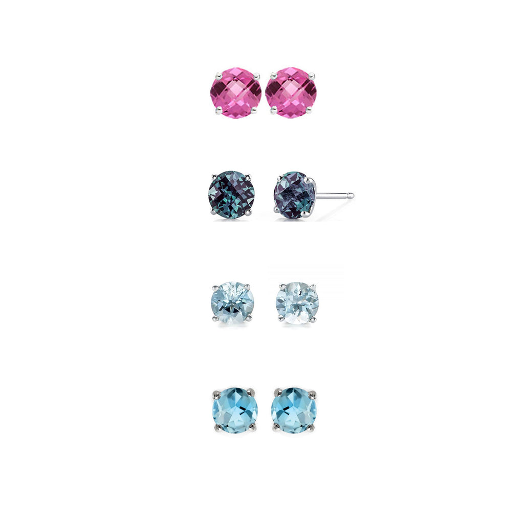 14k White Gold Plated 2Ct Created Pink Sapphire, Alexandrite, Aquamarine and Blue Topaz 4 Pair Round Stud Earrings