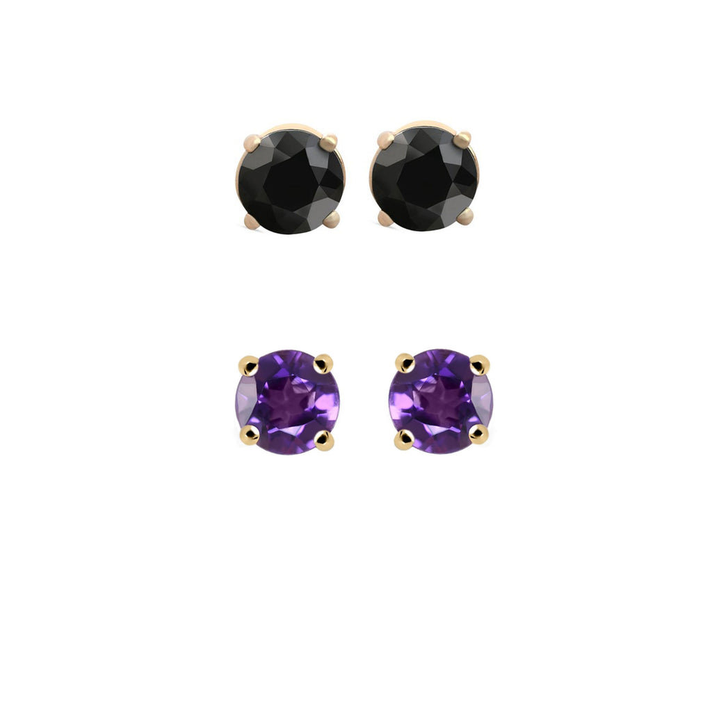 14k Yellow Gold Plated 3Ct Created Black Sapphire and Amethyst 2 Pair Round Stud Earrings