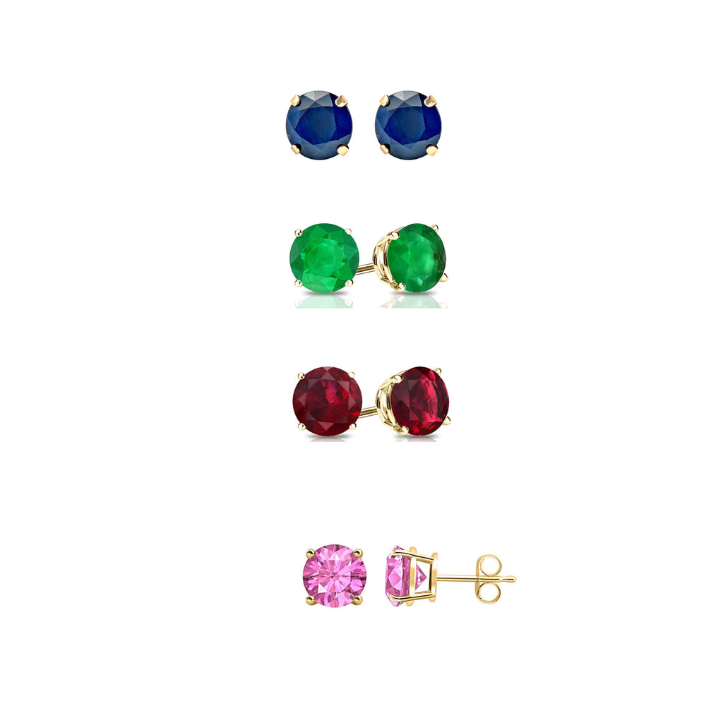 18k Yellow Gold Plated 1/2Ct Created Blue Sapphire, Emerald, Ruby and Pink Sapphire 4 Pair Round Stud Earrings