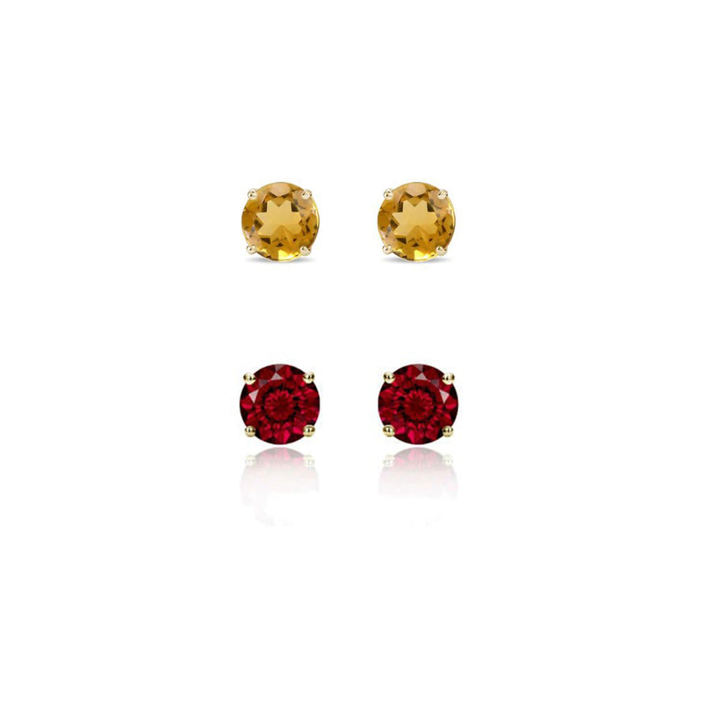 24k Yellow Gold Plated 3Ct Created Citrine and Garnet 2 Pair Round Stud Earrings