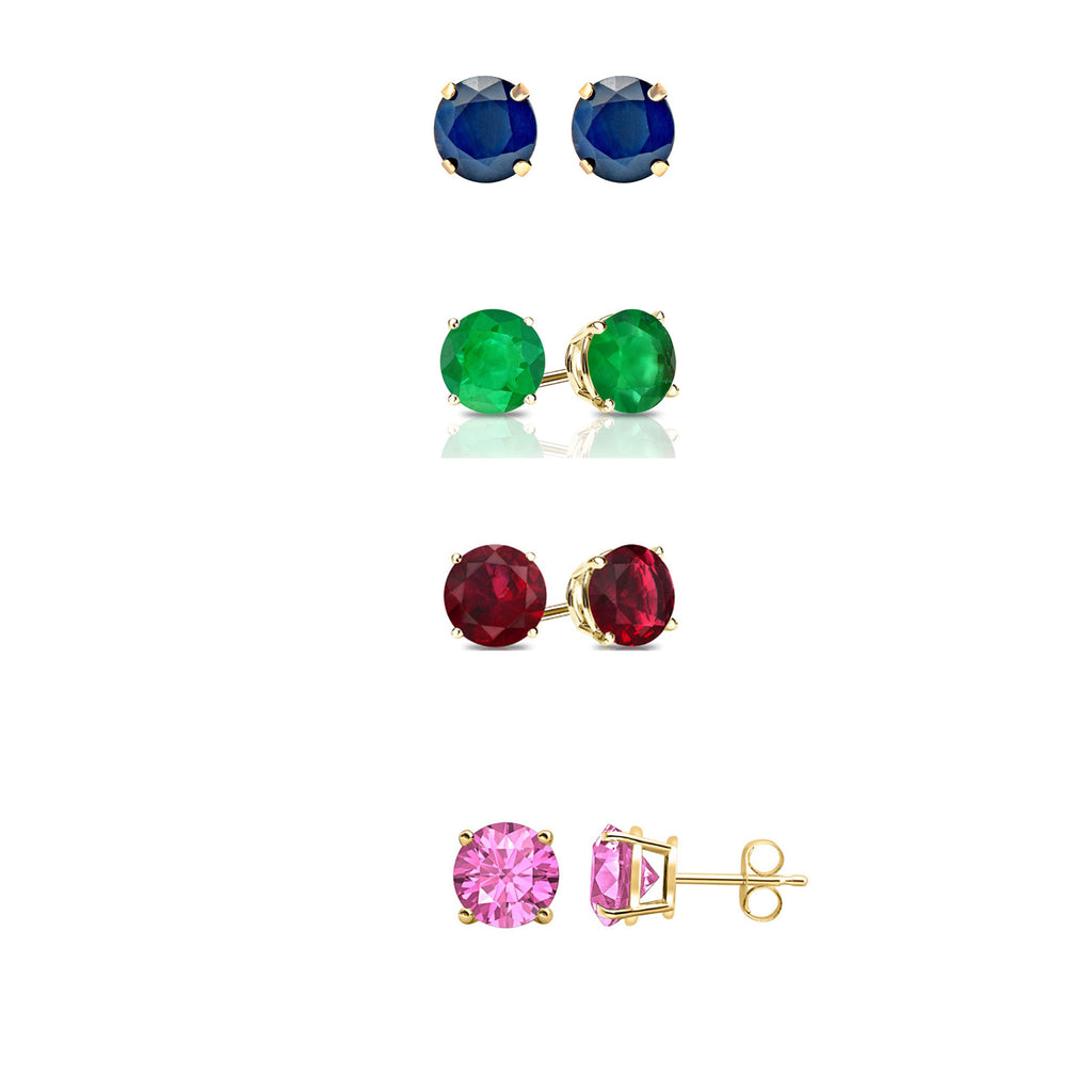 24k Yellow Gold Plated 2Ct Created Blue Sapphire, Emerald, Ruby and Pink Sapphire 4 Pair Round Stud Earrings