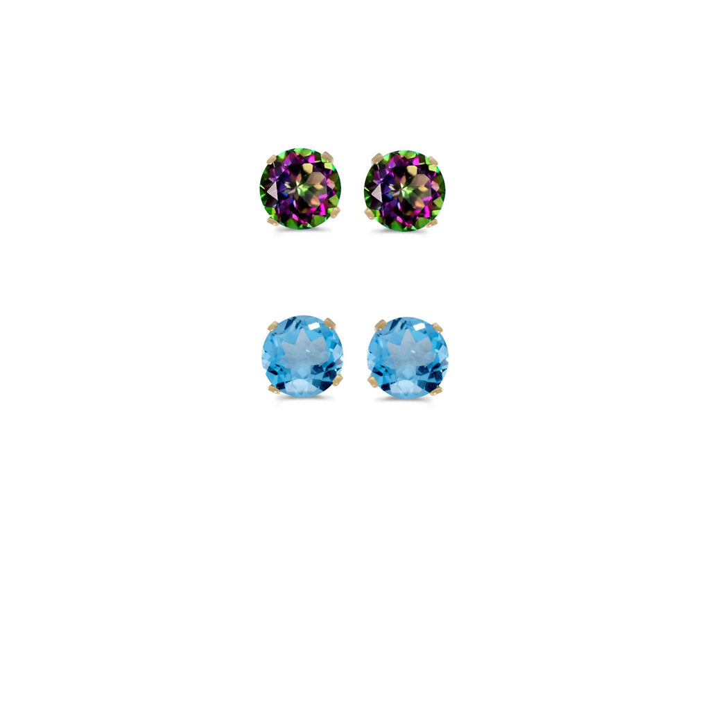 14k Yellow Gold Plated 3Ct Created Mystic Topaz and  Blue Topaz 2 Pair Round Stud Earrings