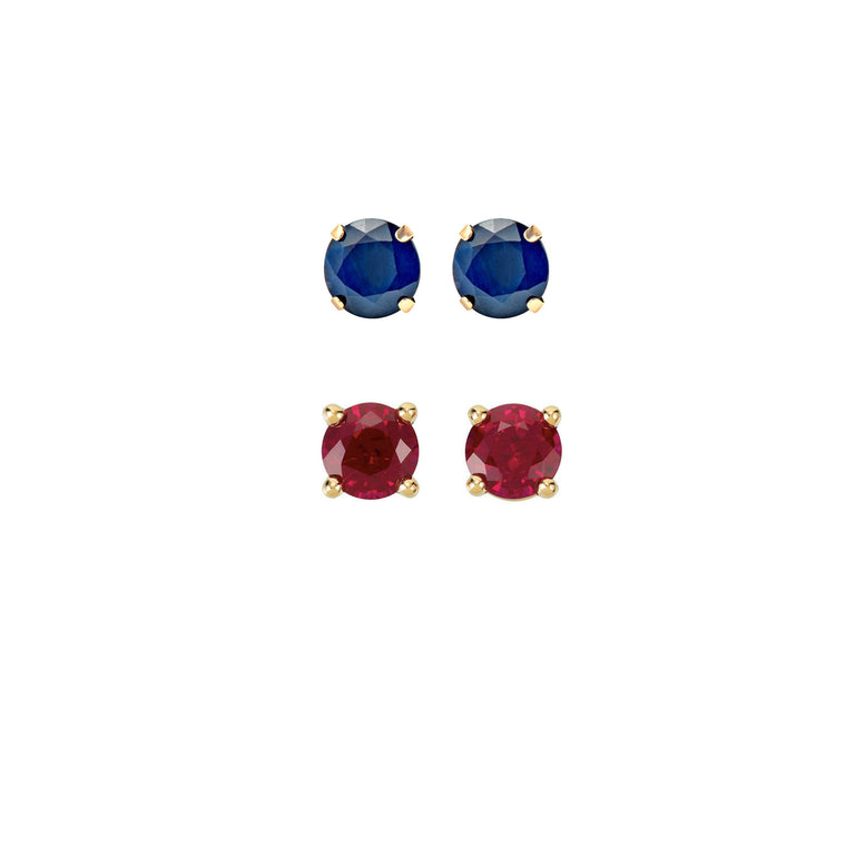 18k Yellow Gold Plated 4Ct Created Blue sapphire and Ruby 2 Pair Round Stud Earrings